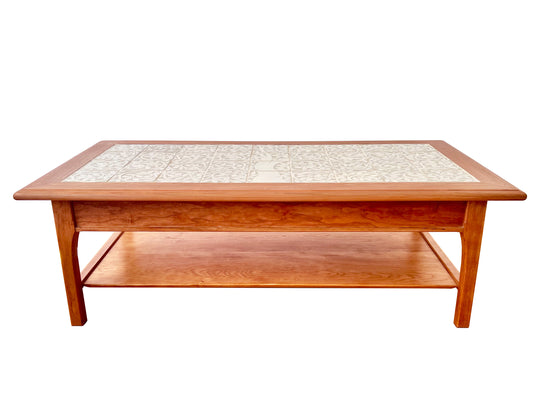 Cherry Rectangular Coffee Table with Cream Carved Tree of Life Mosaic Top